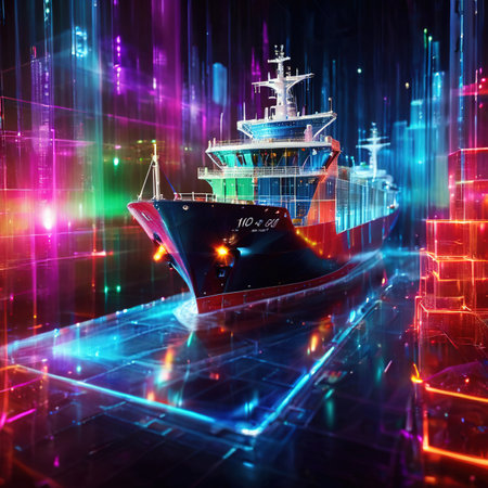 Smart logistics and transportation by sea with container ship digital AI representationの素材
