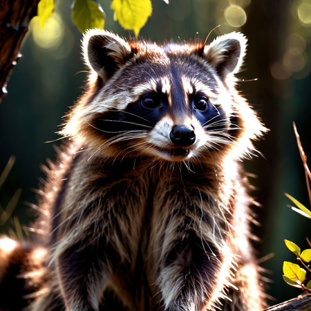 Raccoon wild animal living in nature, part of ecosystemの素材