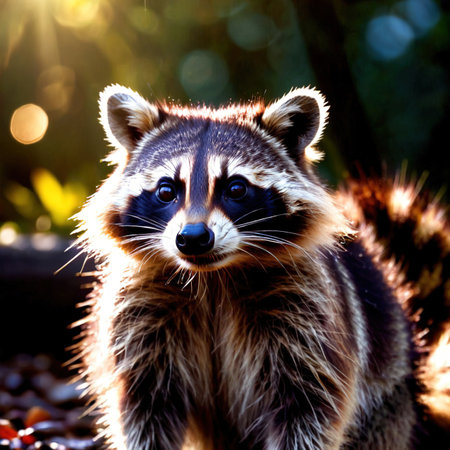 Raccoon wild animal living in nature, part of ecosystemの素材