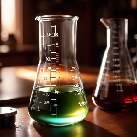 Glass beaker of liquid, science apparatus equipment to measure liquidsの素材