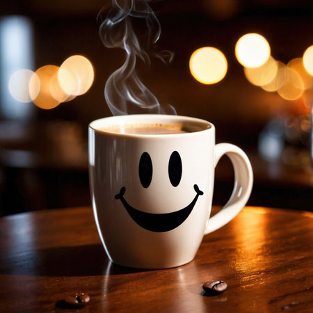 Coffee mug with smiley face, start the day with cheer and happinessの素材