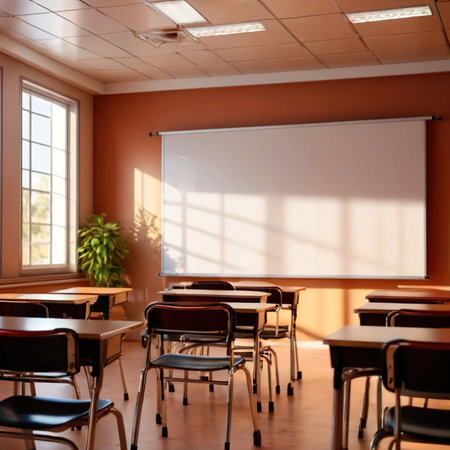 Empty modern classroom with blank whiteboard, bright sunny cheerful education environmentの素材