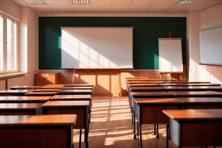 Empty modern classroom with blank whiteboard, bright sunny cheerful education environmentの素材