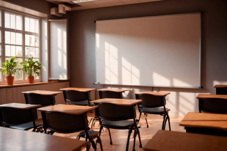 Empty modern classroom with blank whiteboard, bright sunny cheerful education environmentの素材