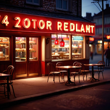 Interior of casual fast service restaurant dining area, indoor architectureの素材