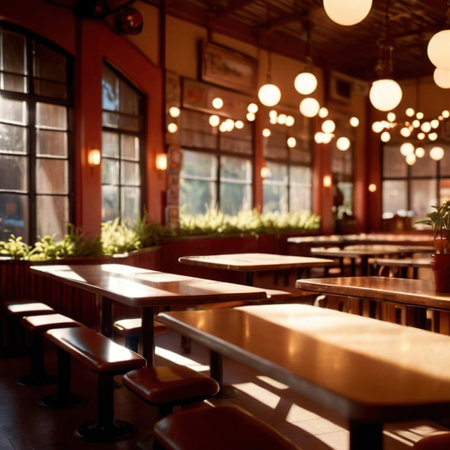 Interior of casual fast service restaurant dining area, indoor architectureの素材