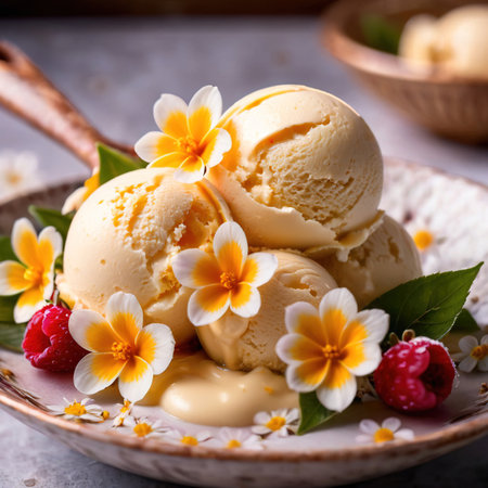 Vanilla ice cream with fresh flowers, fancy premium dessert foodの素材