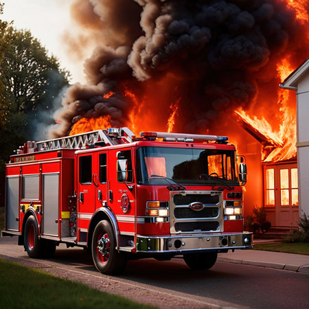 Fire engine truck next to house residential building on fire, emergency response photoの素材