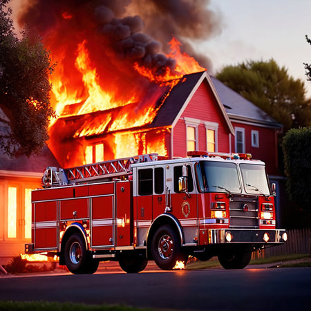 Fire engine truck next to house residential building on fire, emergency response photoの素材