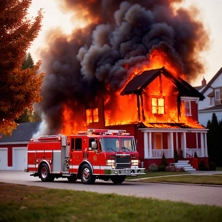 Fire engine truck next to house residential building on fire, emergency response photoの素材