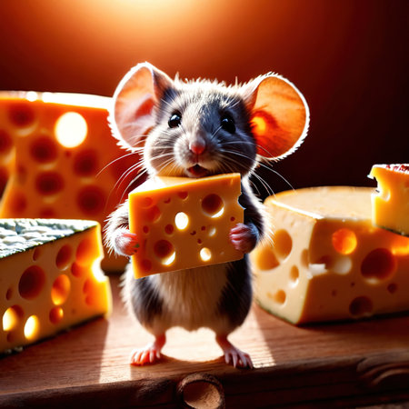 Cute mouse holding precious cheese, their valuable treasureの素材