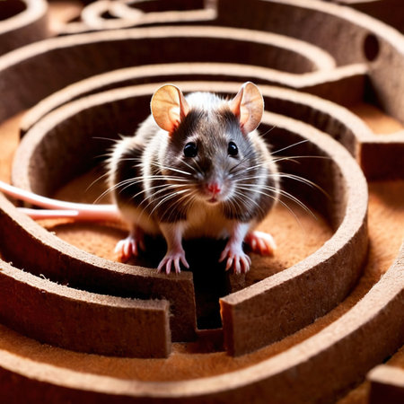 Mouse lost in maze, being trained to find a solution and exitの素材