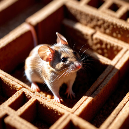 Mouse lost in maze, being trained to find a solution and exitの素材