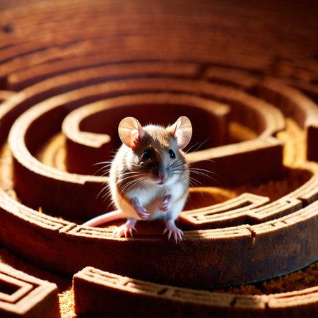 Mouse lost in maze, being trained to find a solution and exitの素材