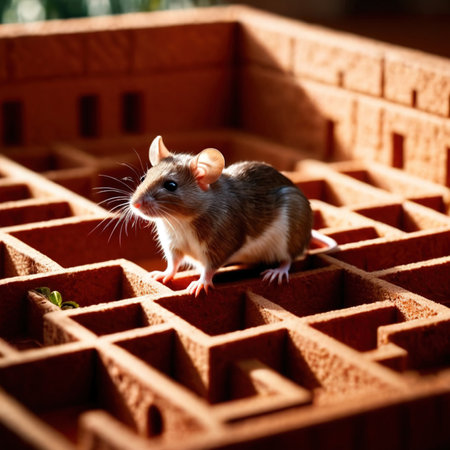 Mouse lost in maze, being trained to find a solution and exitの素材