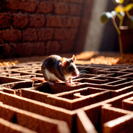 Mouse lost in maze, being trained to find a solution and exitの素材