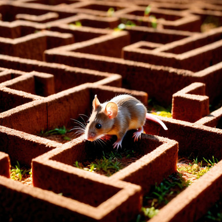 Mouse lost in maze, being trained to find a solution and exitの素材