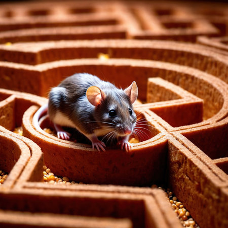 Mouse lost in maze, being trained to find a solution and exitの素材