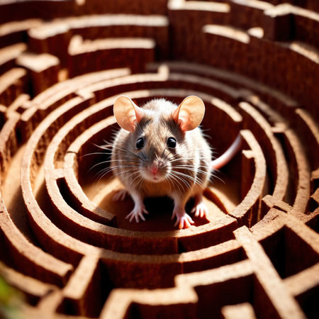 Mouse lost in maze, being trained to find a solution and exitの素材
