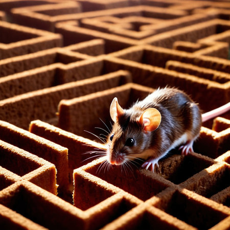 Mouse lost in maze, being trained to find a solution and exitの素材