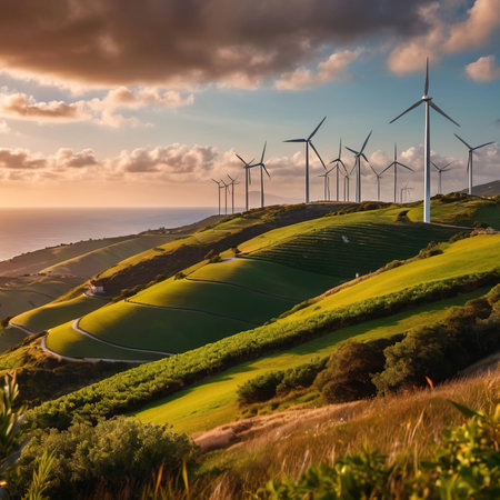 Wind turbines on green hills scenery, renewable eco friendly wind energy generatorsの素材