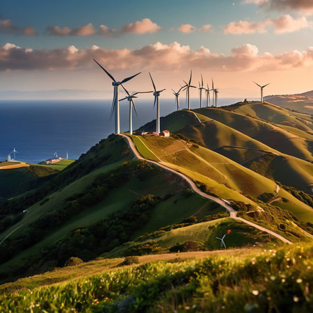 Wind turbines on green hills scenery, renewable eco friendly wind energy generatorsの素材