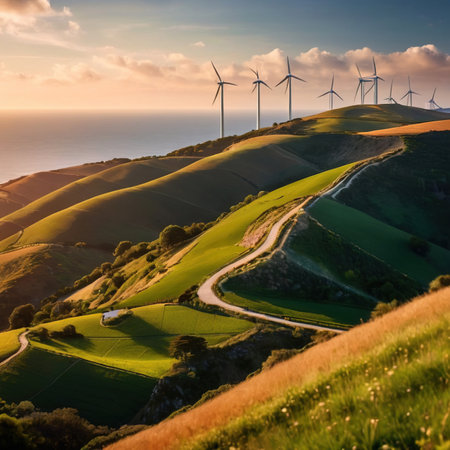 Wind turbines on green hills scenery, renewable eco friendly wind energy generatorsの素材