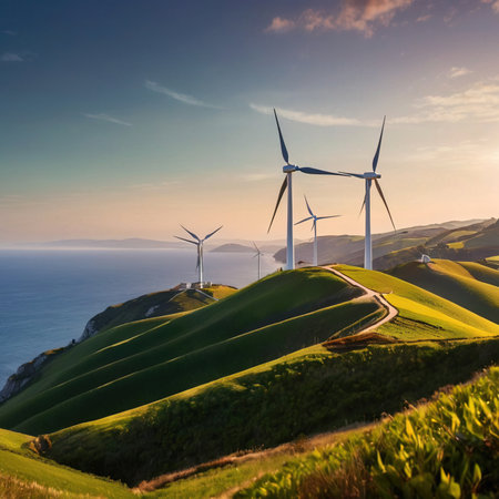 Wind turbines on green hills scenery, renewable eco friendly wind energy generatorsの素材