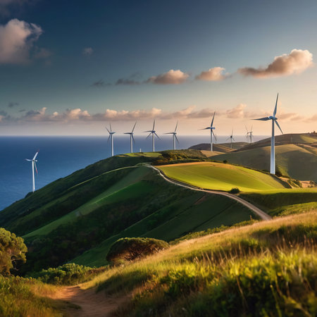 Wind turbines on green hills scenery, renewable eco friendly wind energy generatorsの素材