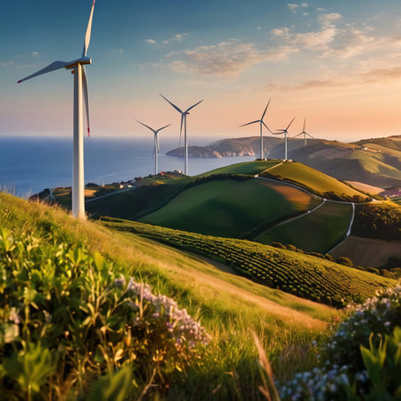 Wind turbines on green hills scenery, renewable eco friendly wind energy generatorsの素材