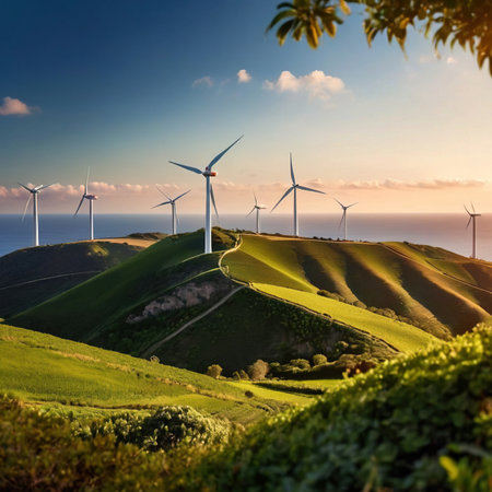 Wind turbines on green hills scenery, renewable eco friendly wind energy generatorsの素材