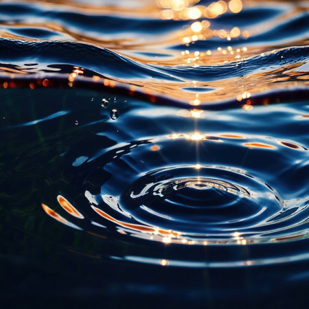 Water surface ripple, liquid wave effect on fresh outdoor waterの素材