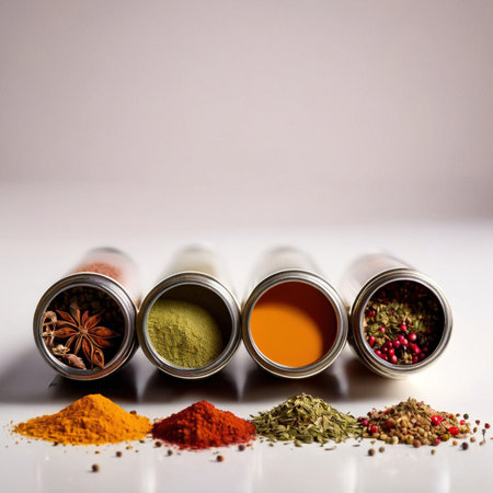 Assorted colorful spices and herbs, cookin ingredients in organized grid rowの素材