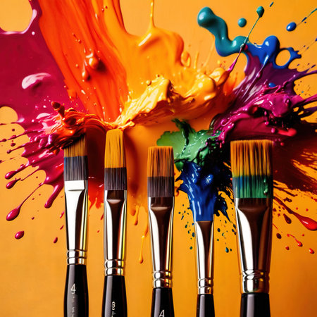 Paintbrush with vibrant splashing colors, showing artistic creativity and brillianceの素材