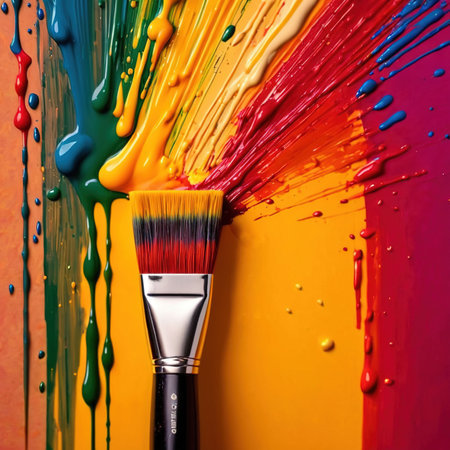 Paintbrush with vibrant splashing colors, showing artistic creativity and brillianceの素材