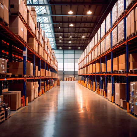 Photo for Modern warehouse logistics storage area stacked with boxes and cargo - Royalty Free Image