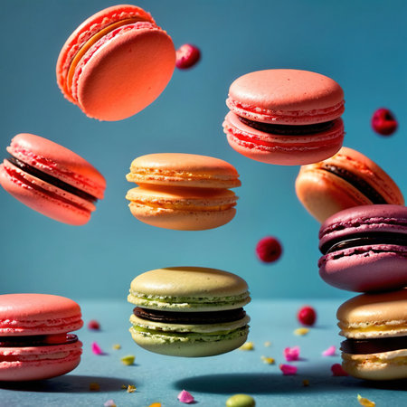 Macarons, sweet light deserts, colorful and floating, dynamic food photoの素材