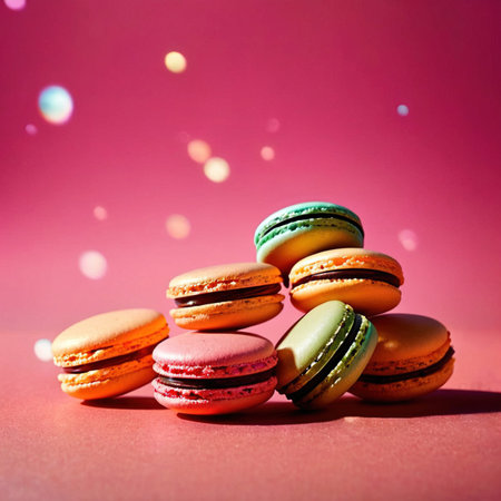 Macarons, sweet light deserts, colorful and floating, dynamic food photoの素材