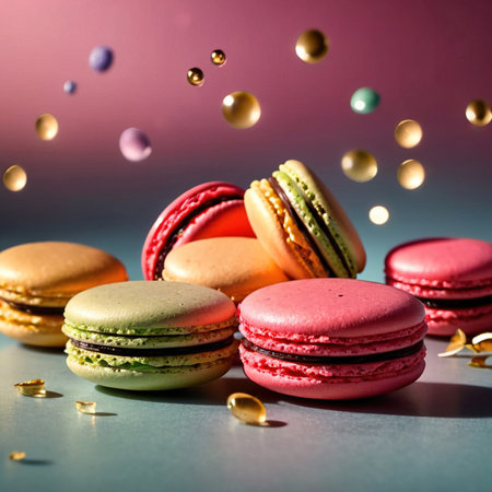 Macarons, sweet light deserts, colorful and floating, dynamic food photoの素材
