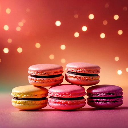 Macarons, sweet light deserts, colorful and floating, dynamic food photoの素材