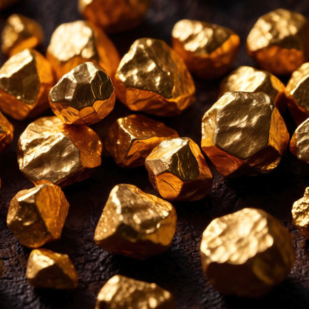 Golden nuggets on dark background, raw precious goldの素材