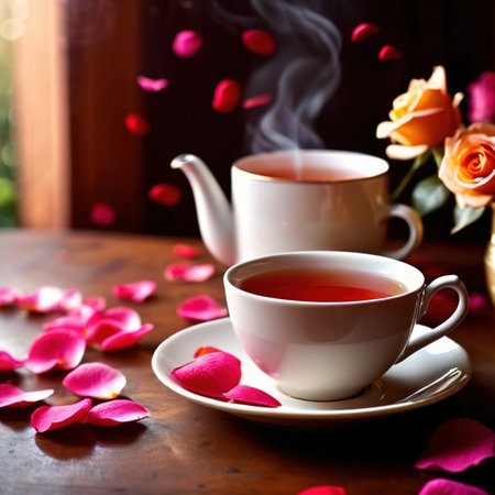 Romantic elegant cup of tea with flower petalsの素材