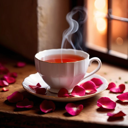 Romantic elegant cup of tea with flower petalsの素材