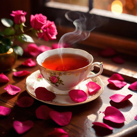 Romantic elegant cup of tea with flower petalsの素材