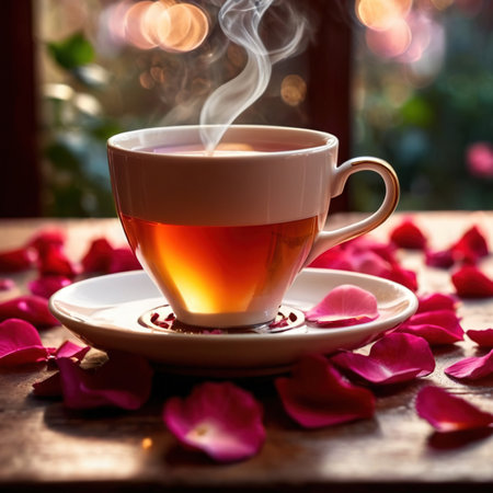 Romantic elegant cup of tea with flower petalsの素材
