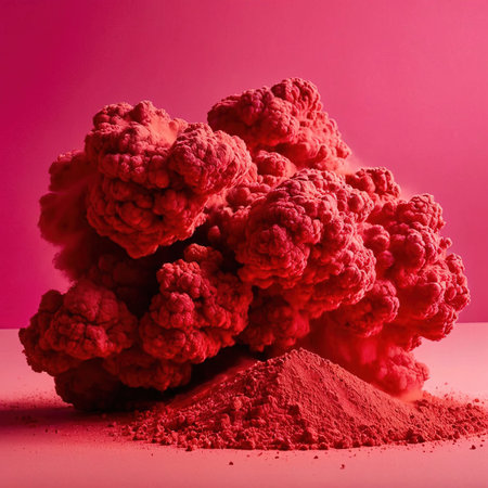 Dynamic explosion of red powder, bright color splash abstract backgroundの素材