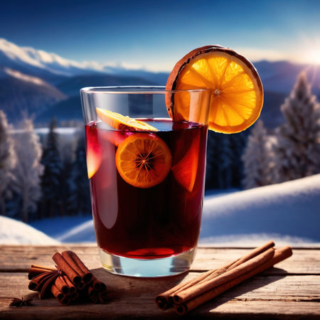 Glass of mulled red wine with spices against snowy winter landscape photoの素材