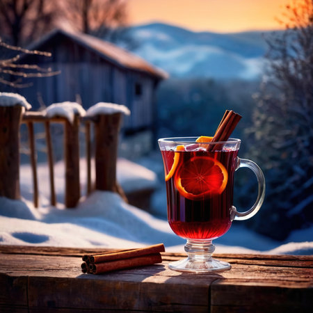 Glass of mulled red wine with spices against snowy winter landscape photoの素材