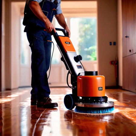 Worker polishing floor with polishing machine, maintenance janitorial work on buildingの素材