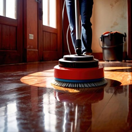 Worker polishing floor with polishing machine, maintenance janitorial work on buildingの素材